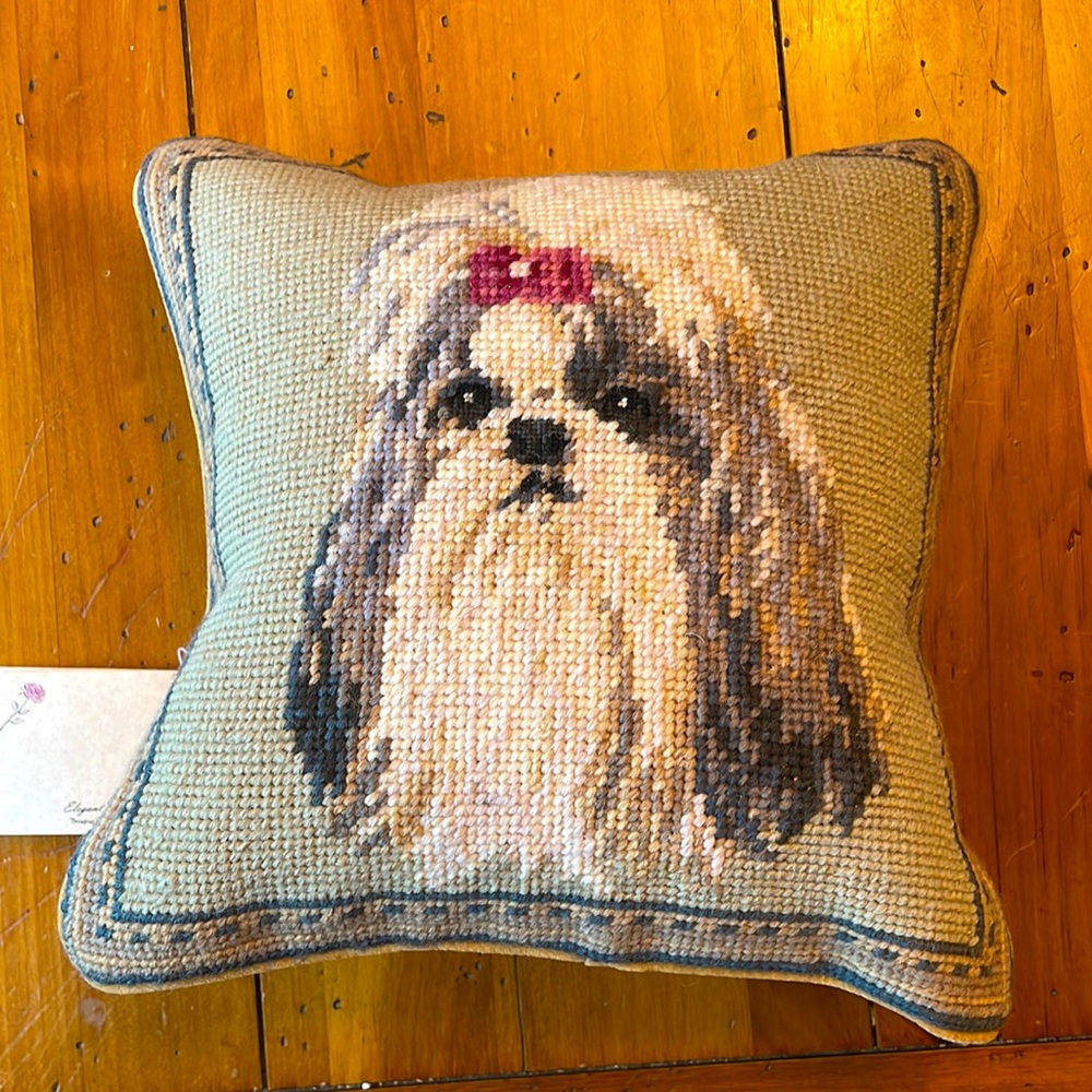Embroidered needlepoint dog pillow shih tzu